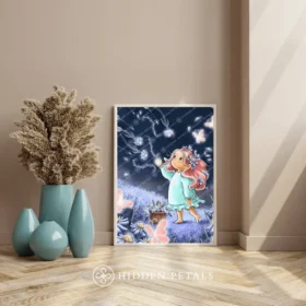Whispers of Wisdom art print by Hidden Petals – whimsical girl with butterflies in a magical forest, displayed in modern home setting