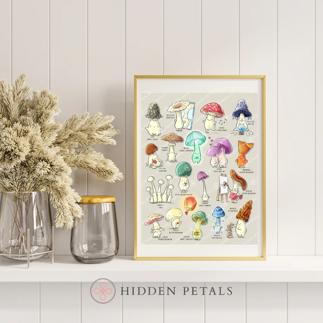 Mushroom Moods whimsical art print by Hidden Petals displayed on a shelf with dried flowers and vases
