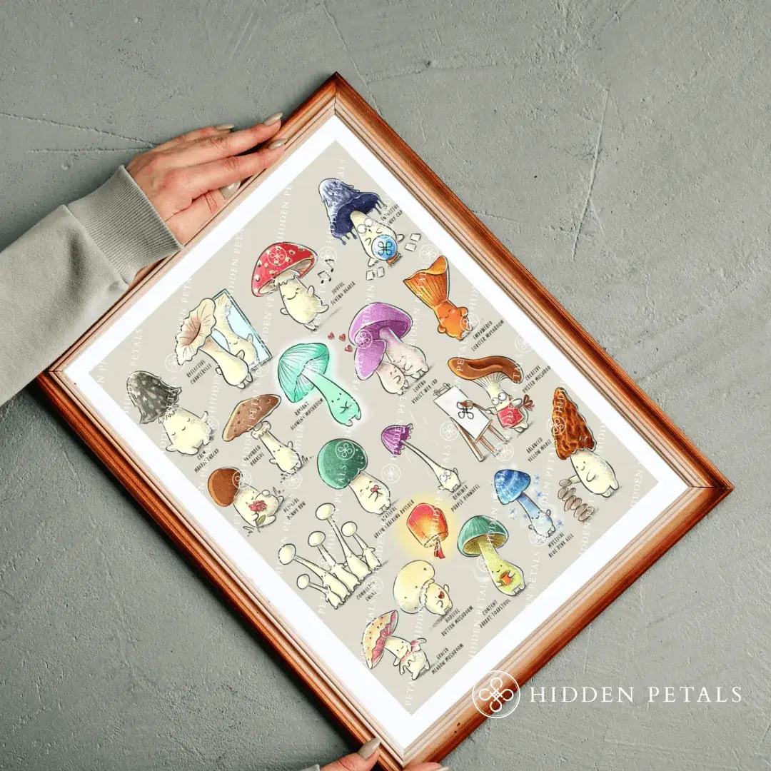 Framed Mushroom Moods art print by Hidden Petals held in hands, showcasing playful illustrated mushrooms