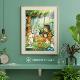Rooted in Connection art print by Hidden Petals – a whimsical illustration of forest animals in a peaceful woodland setting