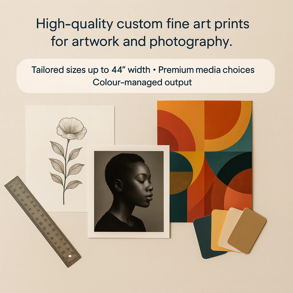 Custom fine art prints – examples of botanical line drawing, monochrome portrait, and geometric abstract artwork with colour swatches and ruler, showcasing tailored sizes and premium media options